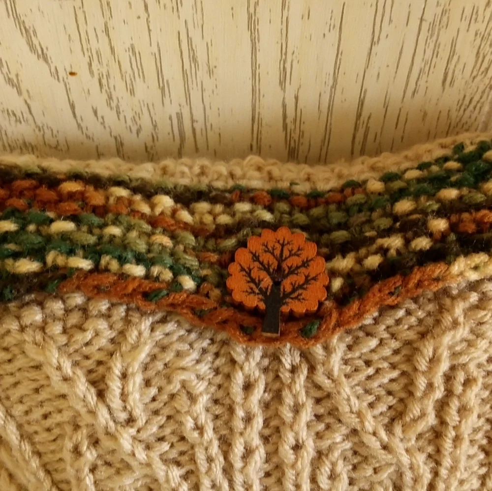 Hand Crafted Knit Throw Pillow Tree Cable Wood Buttons Cabin